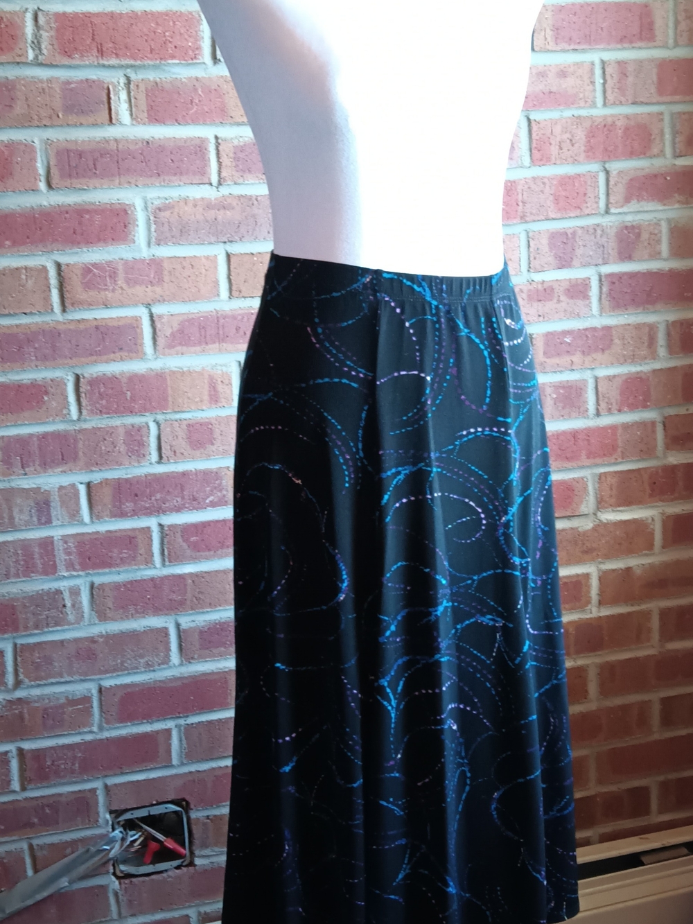 Chico's Black Maxi Skirt with Blue and Purple Swirl Accents